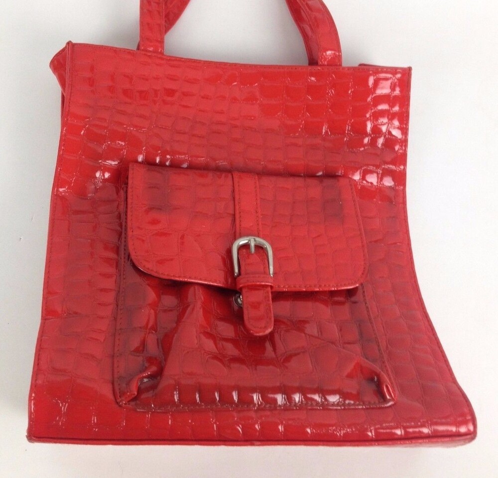 VTG 60s Faux Crocodile Cherry Red Vinyl Purse Retro Pinup Girl 12" Tote Handbag